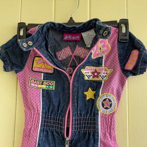 Girls Denim Jumpsuit - Racer Theme - Zip Up - Elastic Waist Band - Denim & Pink